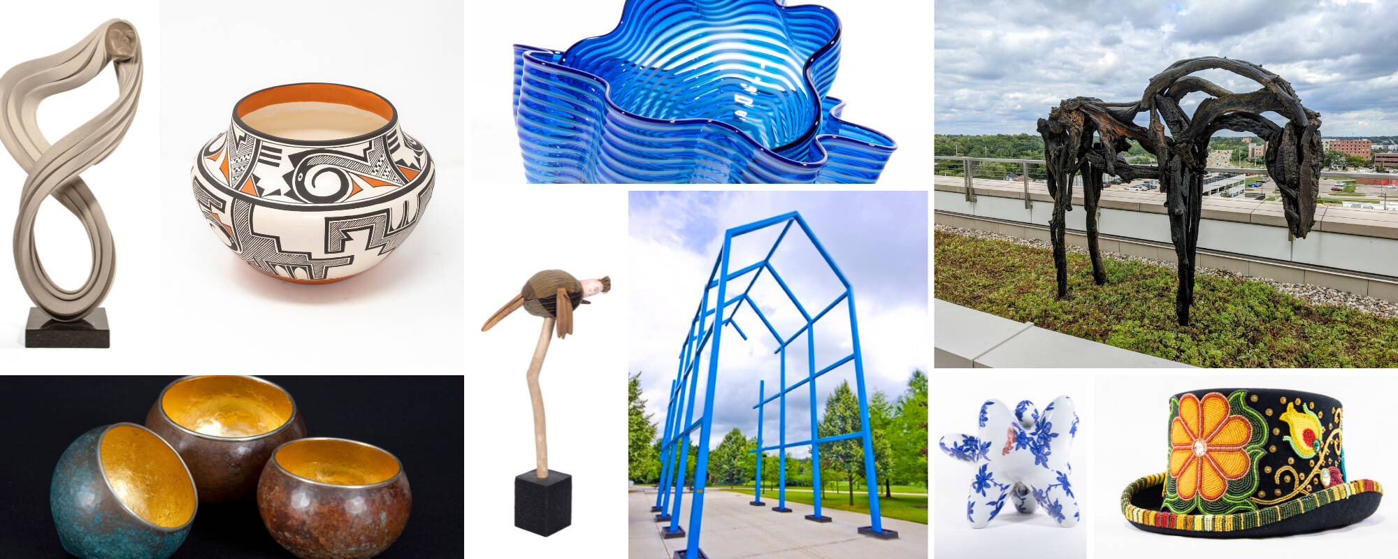 Collage of nine different images from the GVSU Art Museum Collection that showcase different types of sculpture.